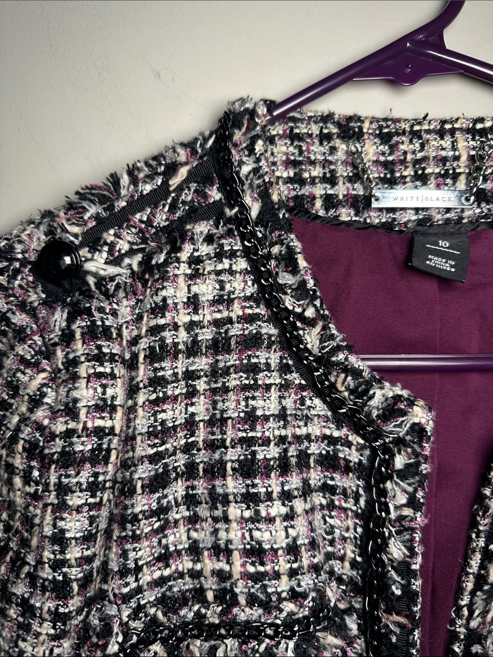 White House Black Market Black White and Plum Tweed Blazer - Picture 3 of 11
